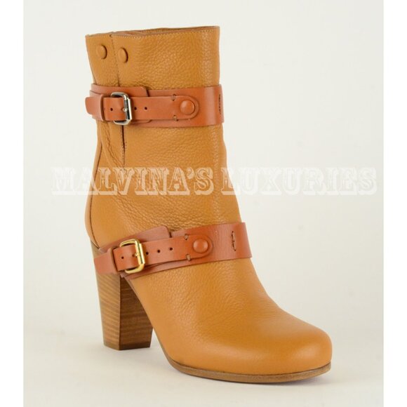 CHLOE ANKLE BOOTS LEATHER DOUBLE STRAP & BUCKLE MID STACKED HEEL sz 35 5 - Picture 7 of 13